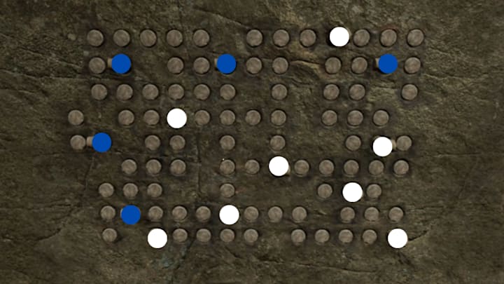 The final puzzle in Indiana Jones and the Great Circle with spots to indicate where the relics should be placed.