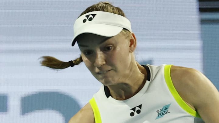 Elena Rybakina hits a forehand