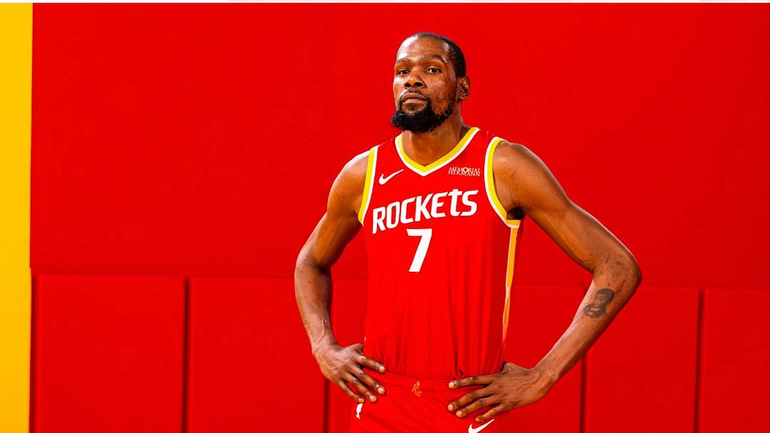 Kevin Durant wearing new Houston Rockets uniforms