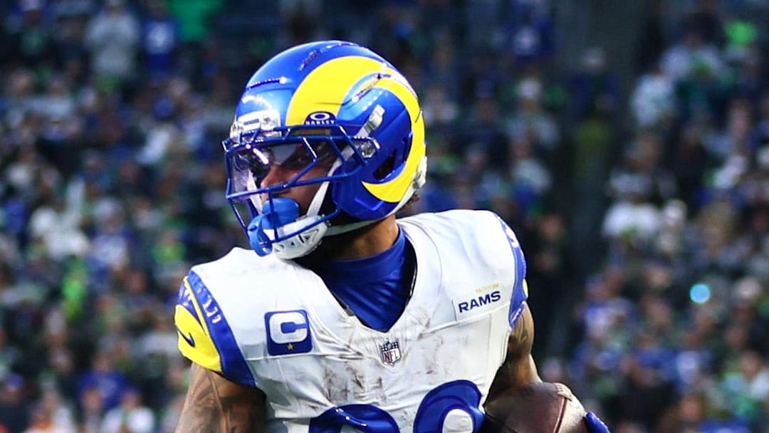 Jan 25, 2026; Seattle, WA, USA; Los Angeles Rams running back Kyren Williams (23) runs to score a touchdown against the Seattle Seahawks during the first half in the 2026 NFC Championship Game at Lumen Field. Mandatory Credit: Kevin Ng-Imagn Images