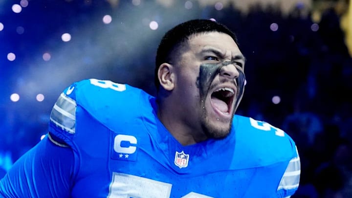 Detroit Lions offensive tackle Penei Sewell (58) is announced before the start of the game against the Washington Commanders
