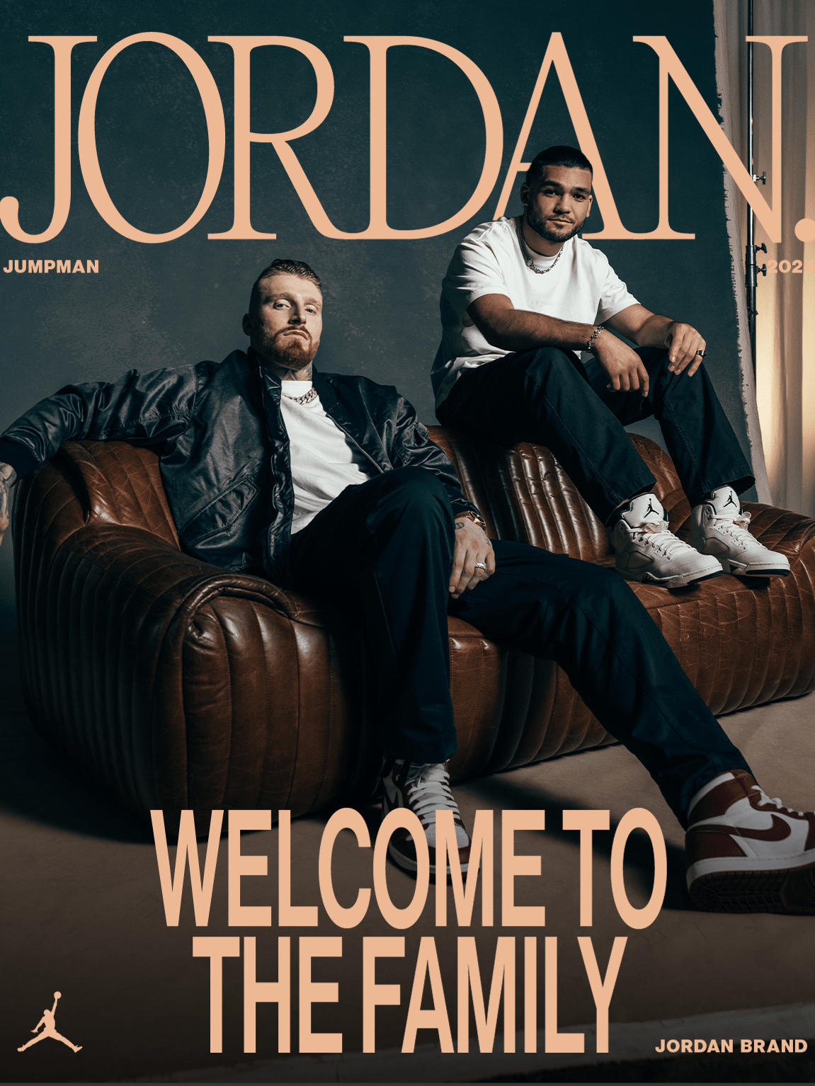 Maxx Crosby and Puka Nacua sit on a couch in a Jordan Brand photo shoot.