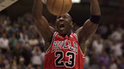 June 5, 1998; Salt Lake City, UT, USA; Chicago Bulls guard Michael Jordan dunks in game two of the 1998 NBA Finals against the Utah Jazz at the Delta Center.  Mandatory Credit: Robert Hanashiro-USA TODAY