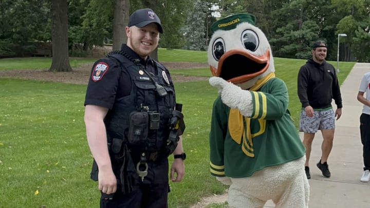 The Oregon Duck Mascot visits Madison, Wisconsin, as part of a league-wide tour ahead of the inaugural season in the Big Ten Conference.