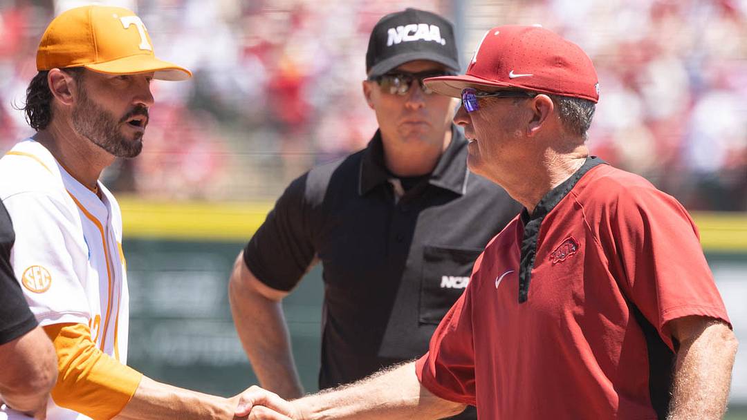 Tennessee Volunteers coach Tony Vitello and Arkansas Razorback coach Dave Van Horn before Sunday's Super Regional at Baum-Walker Stadium. Tennessee Volunteers coach Tony Vitello and Arkansas Razorback coach Dave Van Horn before Sunday's Super Regional at Baum-Walker Stadium.