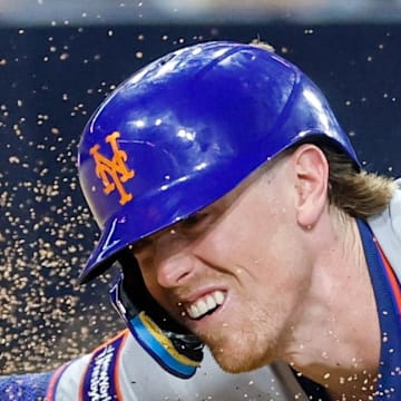 New York Mets second baseman Brett Baty (7) scores a run during the fifth inning against the San Diego Padres at Petco Park on July 29. 