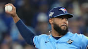 Toronto Blue Jays pitcher Seranthony Dominguez (48) throws pitch in the eighth inning for game six of the 2025 MLB World Series at Rogers Centre on Friday.