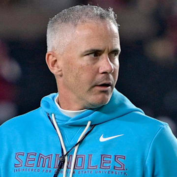 Nov 1, 2025; Tallahassee, Florida, USA; Florida State Seminoles head coach Mike Norvell walks on the field before the game against the Wake Forest Demon Deacons at Doak S. Campbell Stadium. Mandatory Credit: Melina Myers-Imagn Images