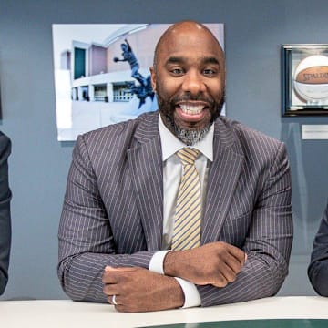 From left, United Shore chief legal officer Adam Wolfe, leadership coach Mateen Cleaves, president and CEO Mat Ishbia and business innovation specialist Charlie Bell pose for a photo in the Breslin conference room at United Wholesale Mortgage headquarter in Pontiac, Friday, Feb. 28, 2020.

02282020 Unitedshore 2