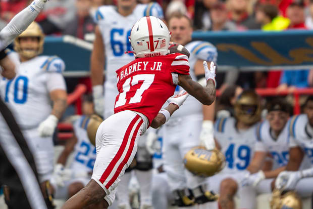 Nebraska wide receiver Jacory Barney Jr. hauls in a 40-yard pass from quarterback Dylan Raiola.