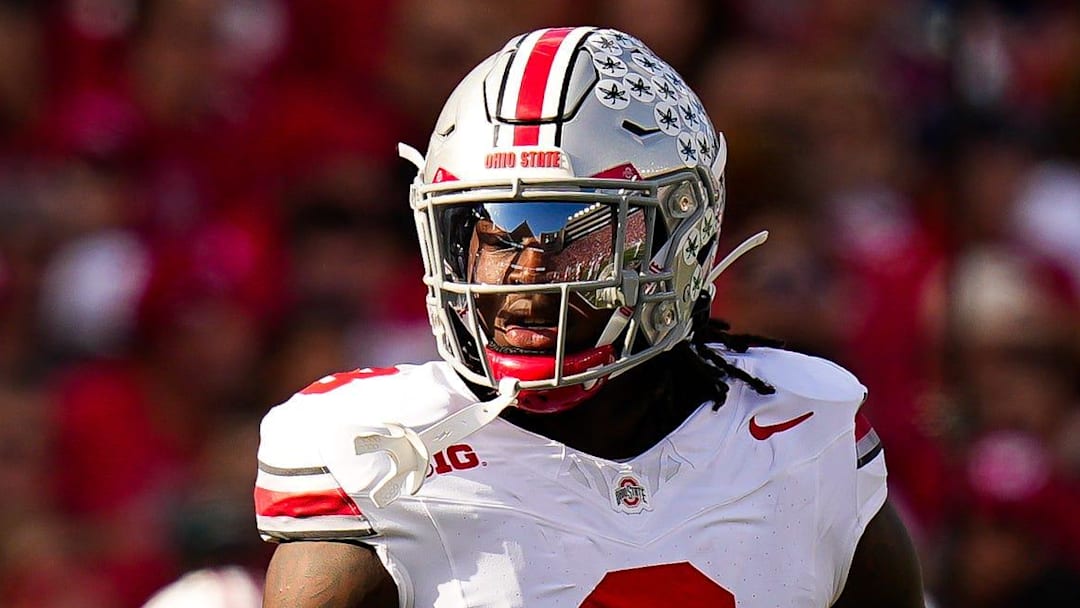 Ohio State Buckeyes linebacker Arvell Reese (8) reacts during the game against the Wisconsin Badgers at Camp Randall Stadium on Saturday, Oct. 18, 2025 in Madison, Wisconsin.