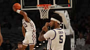 Micah Robinson and Trazarien White complete a dunk in TCU's loss against Vanderbilt on Sunday, December 8, 2024.