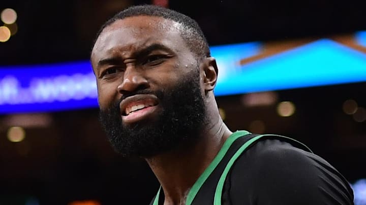 Feb 6, 2026; Boston, Massachusetts, USA; Boston Celtics guard Jaylen Brown (7) reacts towards the official after a play during the second half against the Miami Heat at TD Garden. Mandatory Credit: Bob DeChiara-Imagn Images