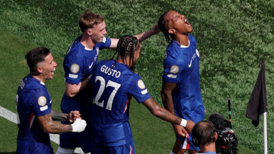 Joao Pedro (right) celebrates Chelsea's third goal of the FIFA Club World Cup final. | Jeenah Moon-Reuters via Imagn Images