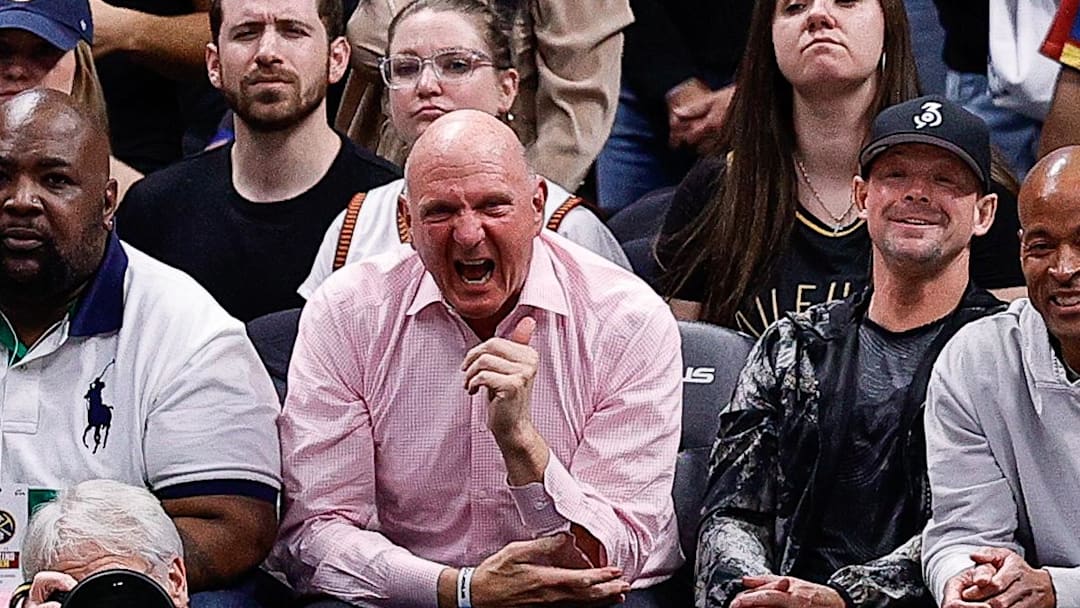 Apr 21, 2025; Denver, Colorado, USA; Los Angeles Clippers owner Steve Ballmer (center) reacts in the fourth quarter against the Denver Nuggets during game two of first round for the 2025 NBA Playoffs at Ball Arena. Mandatory Credit: Isaiah J. Downing-Imagn Images