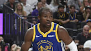 Oct 15, 2024; Las Vegas, Nevada, USA; Golden State Warriors forward Jonathan Kuminga (00) drives to the net against the Los Angeles Lakers in the first quarter during a preseason game at T-Mobile Arena. Mandatory Credit: Candice Ward-Imagn Images
