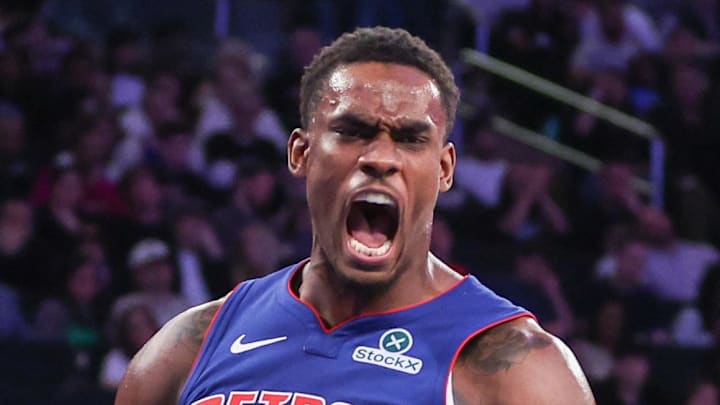  Detroit Pistons center Jalen Duren (0) reacts after scoring against the New York Knicks in Game One of the First Round of the NBA Playoffs at Madison Square Garden on Apr 19, 2025.