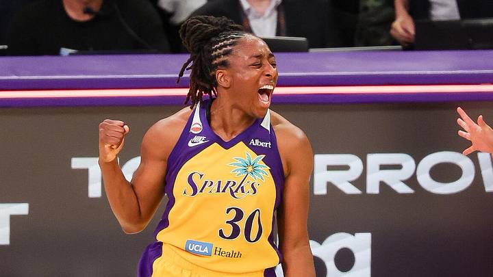 Jun 21, 2026; Los Angeles, California, USA;  Los Angeles Sparks forward Nneka Ogwumike (30) celebrates game winning buzzer beating three point shot against the New York Liberty at Crypto.com Arena. Mandatory Credit: William Navarro-Imagn Images