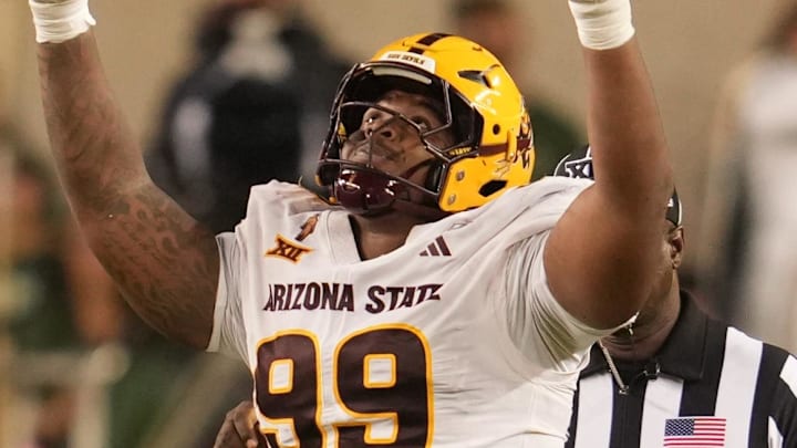 Sep 20, 2025; Waco, Texas, USA; Arizona State Sun Devils defensive lineman C.J. Fite (99) reacts after a sack against Baylor Bears quarterback Sawyer Robertson (13) during the second half at McLane Stadium. Mandatory Credit: Chris Jones-Imagn Images Sep 20, 2025; Waco, Texas, USA; Arizona State Sun Devils defensive lineman C.J. Fite (99) reacts after a sack against Baylor Bears quarterback Sawyer Robertson (13) during the second half at McLane Stadium. Mandatory Credit: Chris Jones-Imagn Images