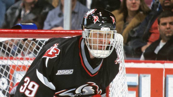 Apr 6, 2000; East Rutherford, NJ, USA; FILE PHOTO; Buffalo Sabres goalie Dominik Hasek (39) in action against the New Jersey Devils at Continental Airlines Arena. Mandatory Credit: Lou Capozzola-USA TODAY NETWORK
