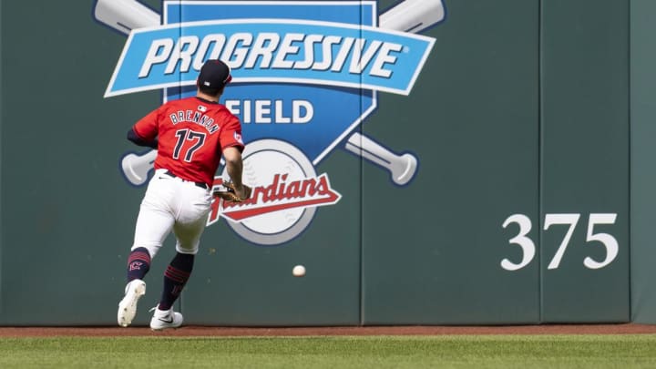 Apr 14, 2024; Cleveland, Ohio, USA; Cleveland Guardians outfielder Will Brennan (17) fields a fly ball to centerfield during the ninth inning by the New York Yankees at Progressive Field. Mandatory Credit: Scott Galvin-USA TODAY Sports