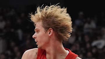 Toronto Raptors guard Gradey Dick comes down with a rebound against the Houston Rockets.