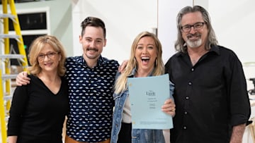 Hallie Todd, Jake Thomas, Hilary Duff, and Robert Carradine on the set of Disney+'s Lizzie McGuire revival