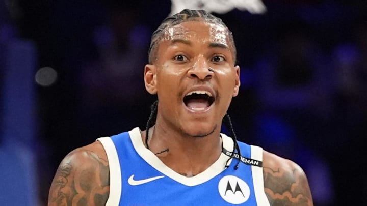 Milwaukee Bucks guard Kevin Porter Jr (3) reacts against the Philadelphia 76ers in the second quarter at Wells Fargo Center. April 3, 2025.