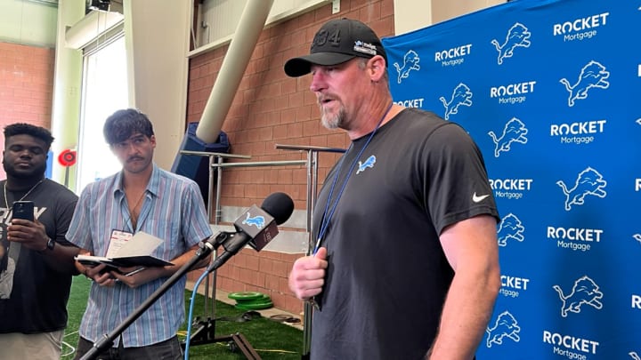 Detroit Lions head coach Dan Campbell speaks to reporters before joint practice against Giants Monday