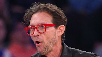 Jan 20, 2025; New York, New York, USA; Atlanta Hawks head coach Quin Snyder reacts during the first half against the New York Knicks at Madison Square Garden. Mandatory Credit: Vincent Carchietta-Imagn Images