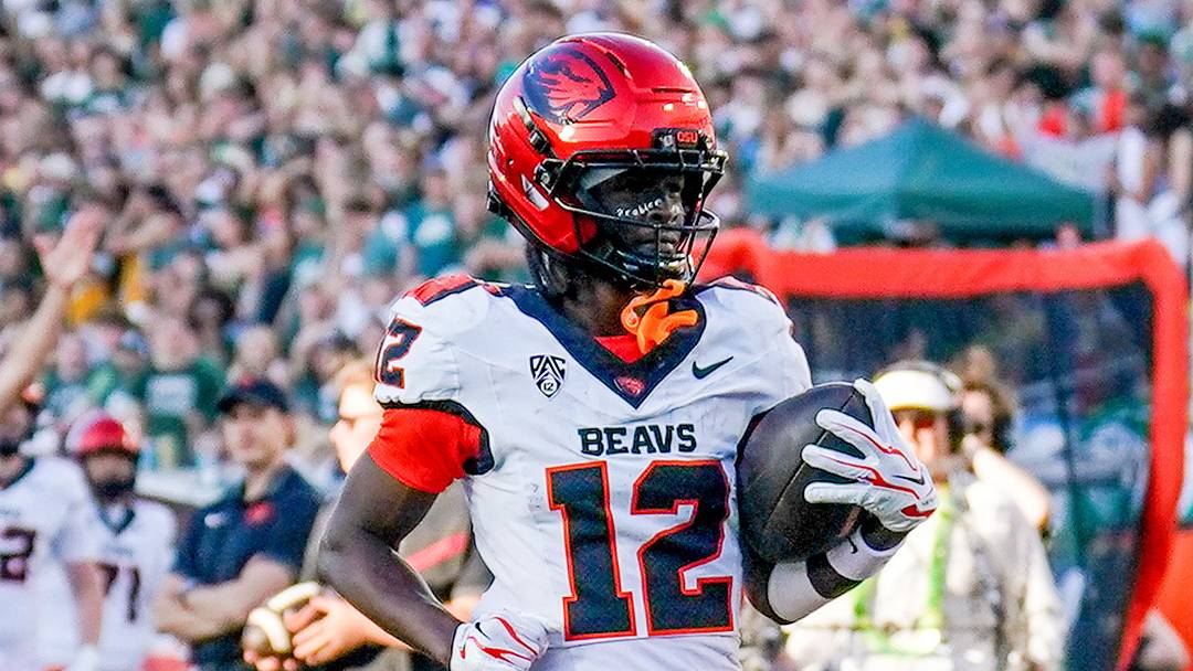 Oct 3, 2026; Fort Collins, Colorado, USA;  Oregon State Beavers wide receiver Jesse Legree (12) runs for a touchdown against the Colorado State Rams in the first half  at Sonny Lubick Field at Canvas Stadium.  Mandatory Credit: Andrew Rydland-Imagn Images