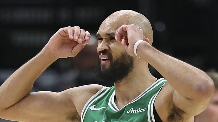 Feb 4, 2026; Houston, Texas, USA; Boston Celtics guard Derrick White (9) reacts after a play during the third quarter against the Houston Rockets at Toyota Center. Mandatory Credit: Troy Taormina-Imagn Images