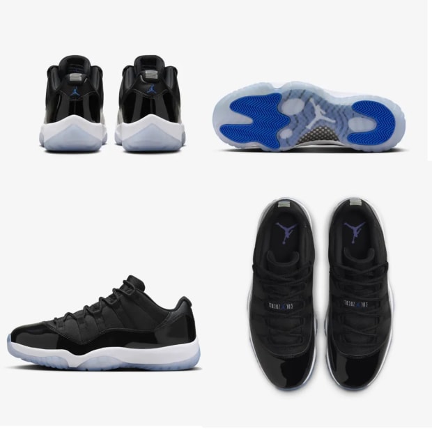 Side view of black and blue Air Jordan sneakers.