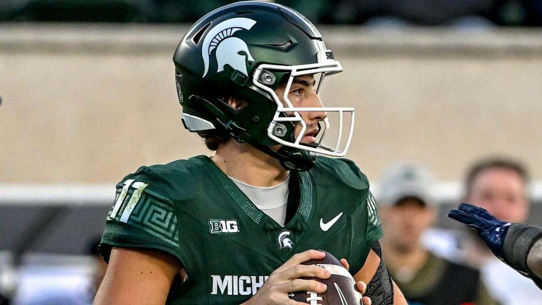 Michigan State's Alessio Milivojevic looks to throw against Penn State during the second quarter on Saturday, Nov. 15, 2025, at Spartan Stadium in East Lansing.