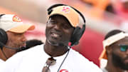 Oct 27, 2024; Tampa, Florida, USA; Tampa Bay Buccaneers head coach Todd Bowles reacts  in the second half against the Atlanta Falcons at Raymond James Stadium. Mandatory Credit: Jonathan Dyer-Imagn Images