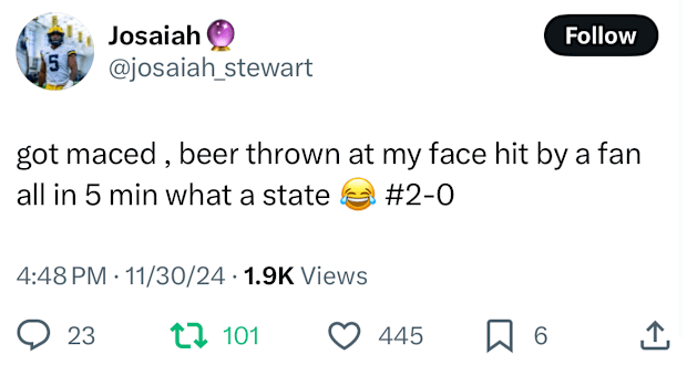 Michigan football DE Josaiah Stewart confirms getting pepper sprayed during melee with Ohio State