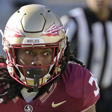 Nov 23, 2024; Tallahassee, Florida, USA; Florida State Seminoles running back Samuel Singleton Jr. (28) runs the ball against the Charleston Southern Buccaneers during the second half at Doak S. Campbell Stadium. Mandatory Credit: Melina Myers-Imagn Images