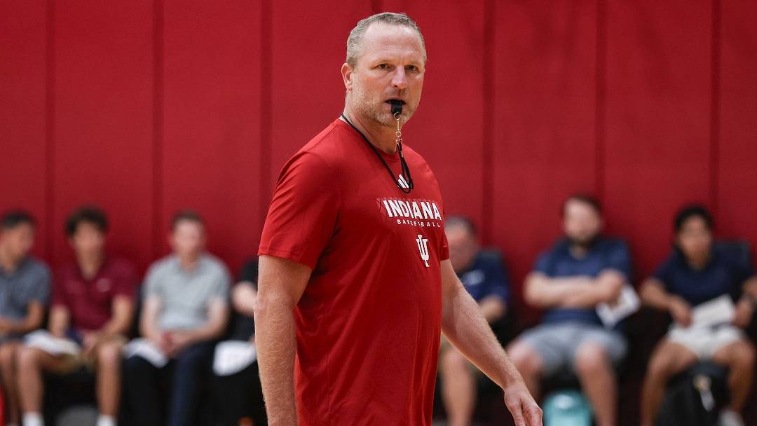 Indiana men's basketball coach Darian DeVries leads his team through practice July 30, 2025, at Cook Hall in Bloomington. Indiana men's basketball coach Darian DeVries leads his team through practice July 30, 2025, at Cook Hall in Bloomington.