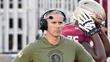 Nov 2, 2024; Tallahassee, Florida, USA; Florida State Seminoles head coach Mike Norvell looks on from the sideline after the North Carolina Tarheels score a final touchdown in the fourth quarter at Doak S. Campbell Stadium. Mandatory Credit: Robert Myers-Imagn Images