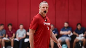 Indiana men's basketball coach Darian DeVries leads his team through practice July 30, 2025, at Cook Hall in Bloomington.