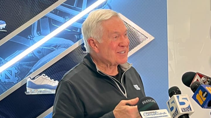 UNC football coach Mack Brown during media availability on Feb. 7, 2024 at the Kenan Football Center in Chapel Hill.