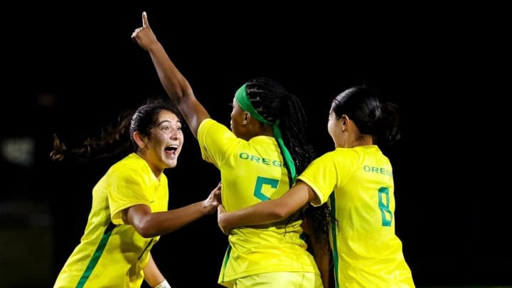 Oregon Ducks Soccer's Taylor Bryan celebrates first goal of the season.