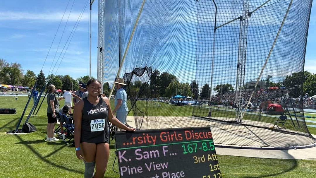 Pine View senior Kiera Sam Fong poses after her historic 167’ 8” (51.12m) discus throw at the PACS BYU Invitational, a mark that broke the Utah state record and moved her into the national top five.