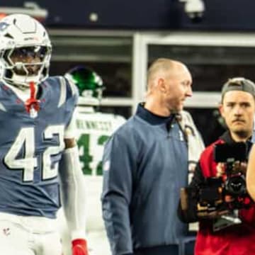 New England Patriots linebacker Darius Harris on the field for warmups ahead of the team's 27-14 win over the New York Jets on Thursday Night Football.