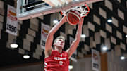Indiana basketball freshman forward Trent Sisley finishes a dunk Aug. 6, 2025, in San Juan, Puerto Rico. Indiana won 98-47.