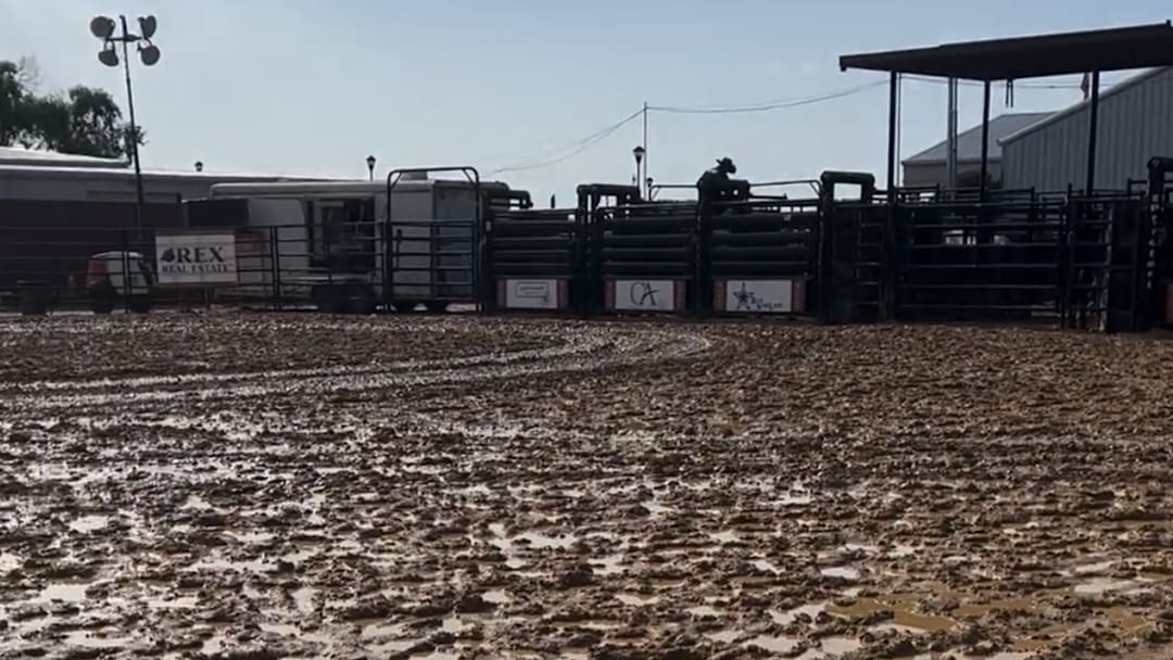 The muddy arena at Rodeo Celina in Parker, Texas held a PRCA Rodeo May 31 through June 2, 2024. The muddy arena at Rodeo Celina in Parker, Texas held a PRCA Rodeo May 31 through June 2, 2024.