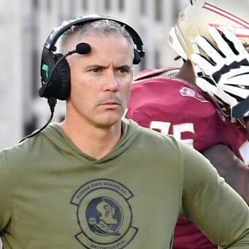 Nov 2, 2024; Tallahassee, Florida, USA; Florida State Seminoles head coach Mike Norvell looks on from the sideline after the North Carolina Tarheels score a final touchdown in the fourth quarter at Doak S. Campbell Stadium. Mandatory Credit: Robert Myers-Imagn Images