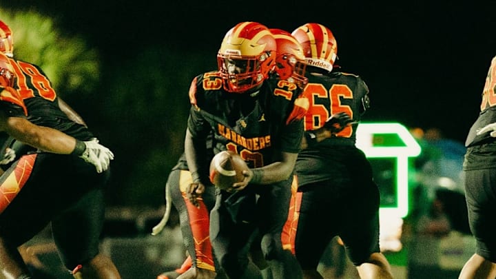 Clearwater Central Catholic quarterback Khayse Barrett prepares to hand off the ball during a game this season. The junior completed 11 of 16 passes for 224 yards and two touchdowns and rushed six times for 60 yards to guide the Marauders past Largo Indian Rocks Christian, 45-0, in a Class 1A, Region 2 quarterfinal game on Nov. 14, 2025.