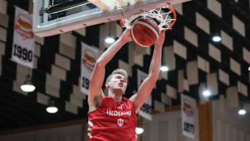 Indiana basketball freshman forward Trent Sisley finishes a dunk Aug. 6, 2025, in San Juan, Puerto Rico. Indiana won 98-47.