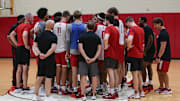 The Indiana men's basketball team huddles at the end of practice July 30, 2025, at Cook Hall in Bloomington.